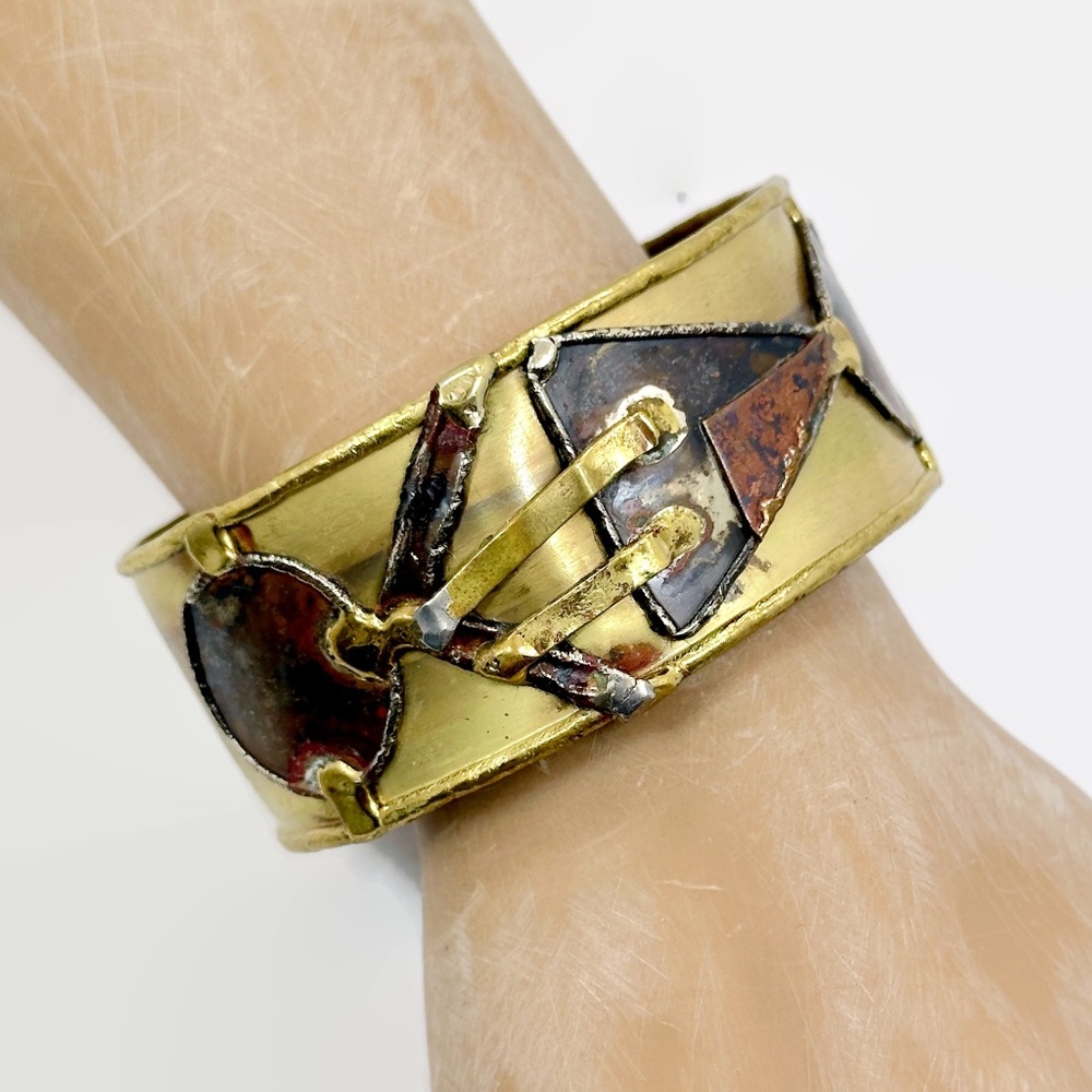 Brutalist Bracelet, Mixed Metals, Brass, Copper, Vintage Cuff, Modern,Contempory